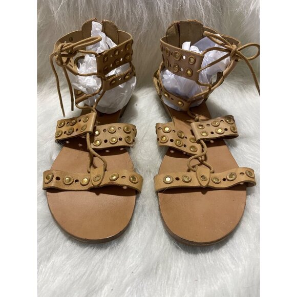Barbara Barbieri Tan Leather Gladiator Sandals W/ Gold Studs Made In Italy - Picture 1 of 4
